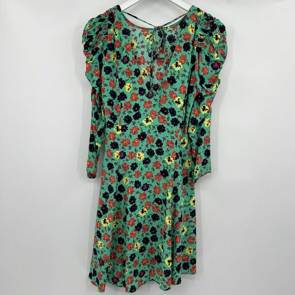 Zara Green Floral‎ Mini Dress 3/4 Length Ruched Sleeves Tie Back Size XS NWT - Picture 5 of 9